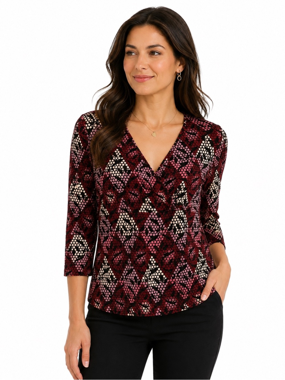 New York & Company Geometric Print V Neck Stretch Top 3/4 Sleeve M